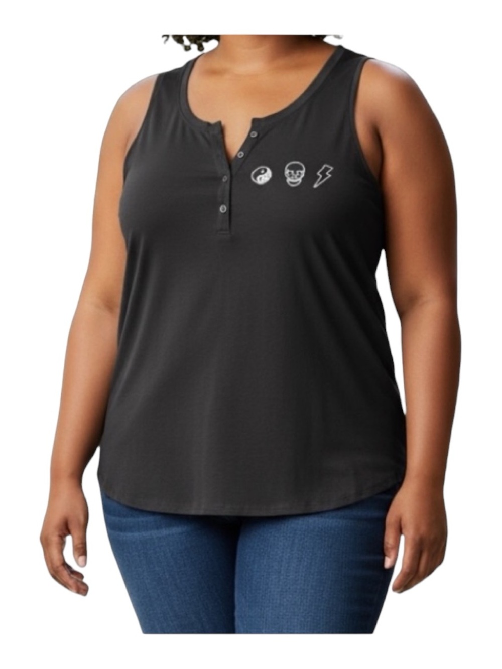torrid Black Henley Tank with White Skull Graphic Icons